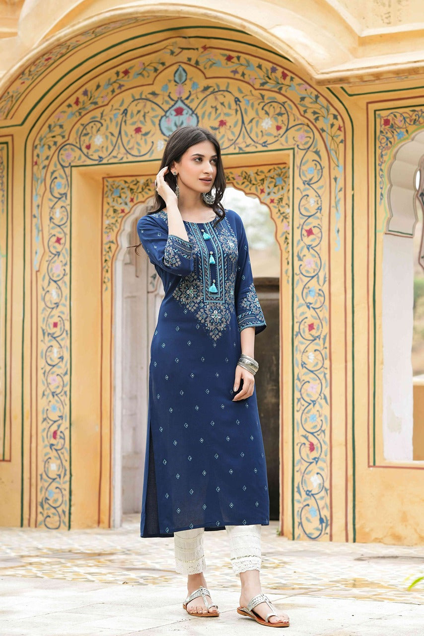 Juniper Blue Rayon Festive Printed Straight Kurta For Women