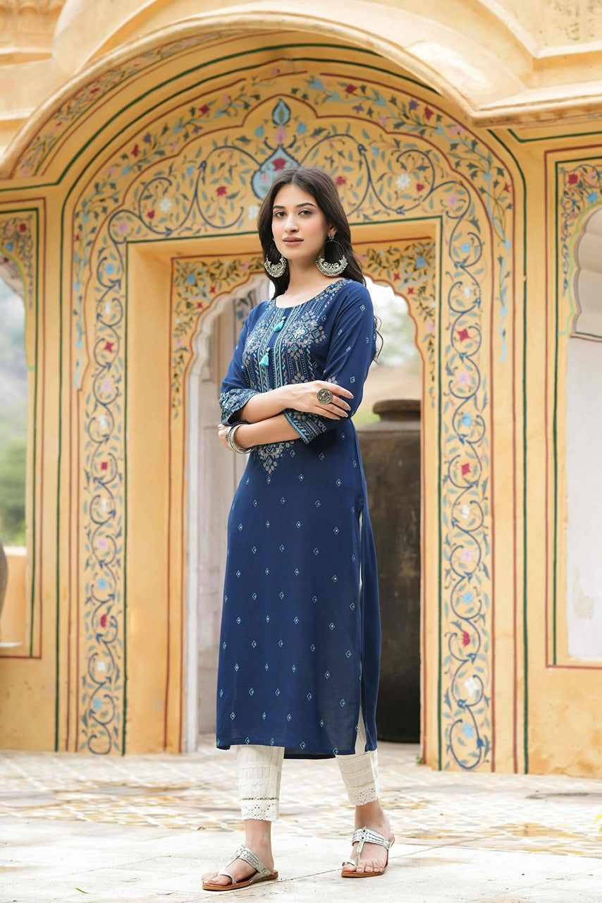 Juniper Blue Rayon Festive Printed Straight Kurta For Women