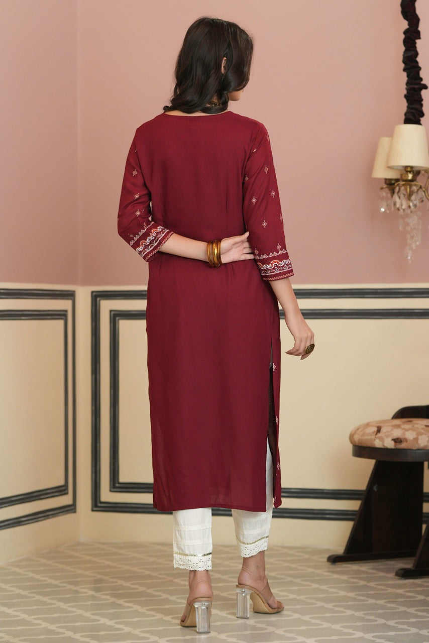 Juniper Maroon Rayon Festive Printed Straight Kurta For Women