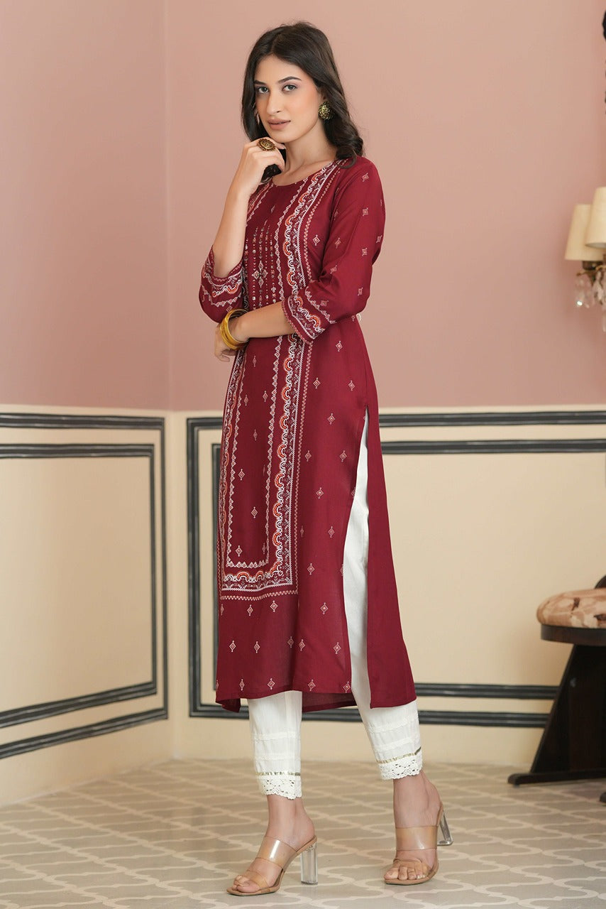 Juniper Maroon Rayon Festive Printed Straight Kurta For Women