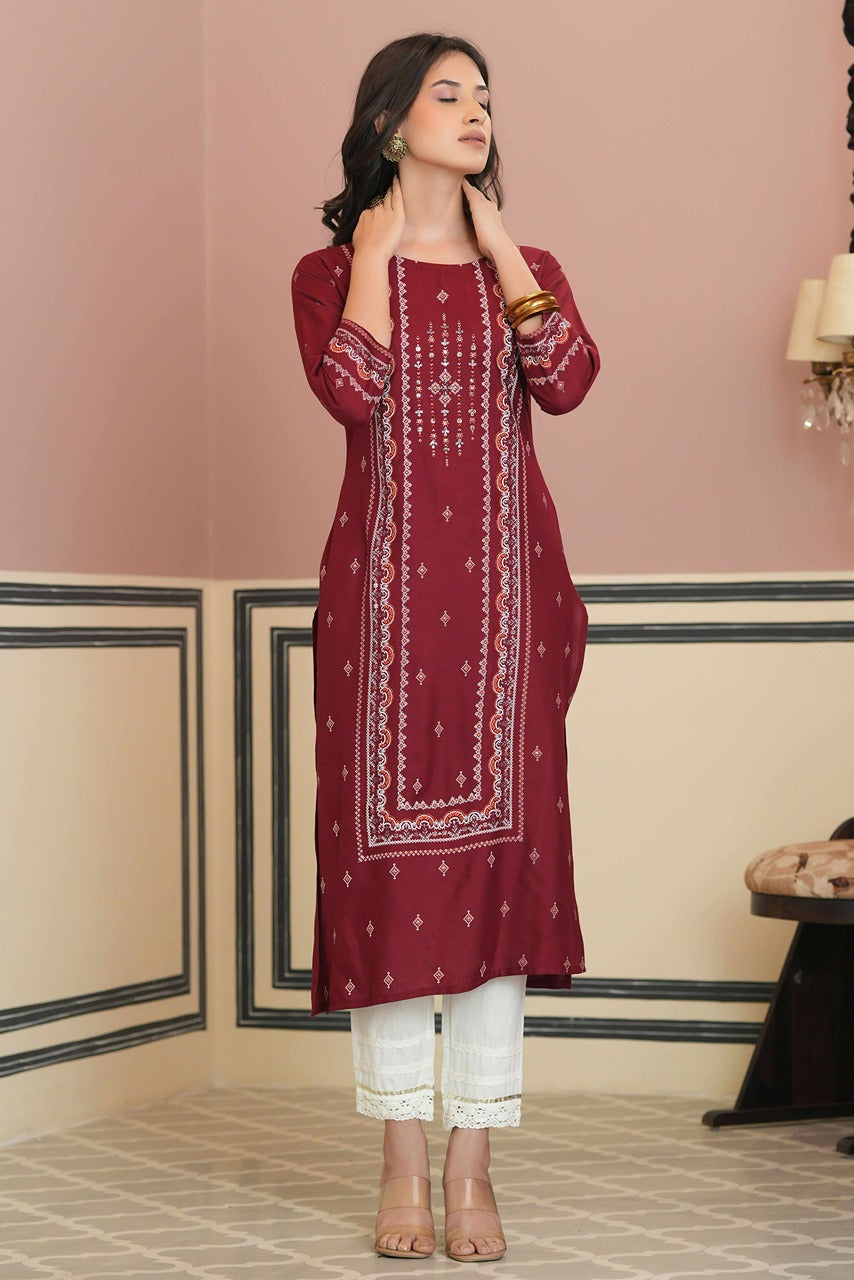 Juniper Maroon Rayon Festive Printed Straight Kurta For Women