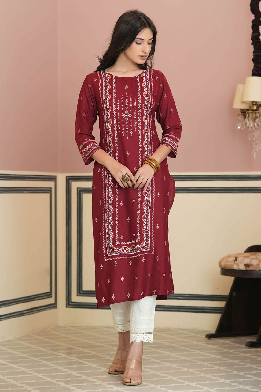 Juniper Maroon Rayon Festive Printed Straight Kurta For Women