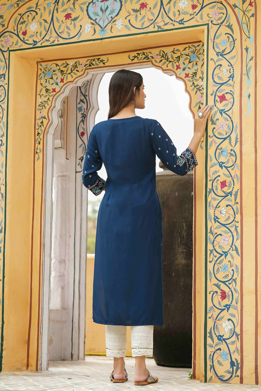 Juniper Blue Rayon Festive Printed Straight Kurta For Women