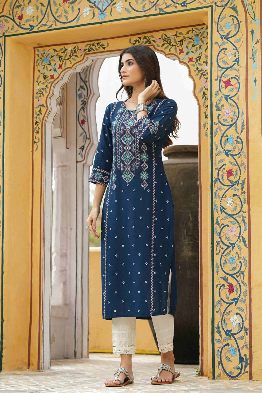 Juniper Blue Rayon Festive Printed Straight Kurta For Women