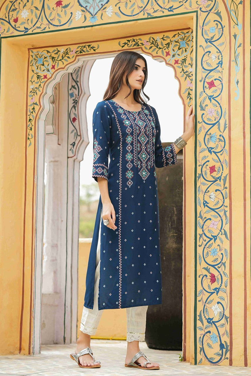 Juniper Blue Rayon Festive Printed Straight Kurta For Women