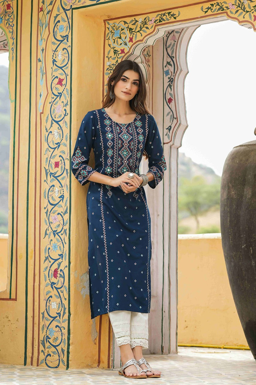 Juniper Blue Rayon Festive Printed Straight Kurta For Women