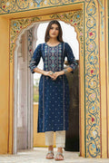 Juniper Blue Rayon Festive Printed Straight Kurta For Women