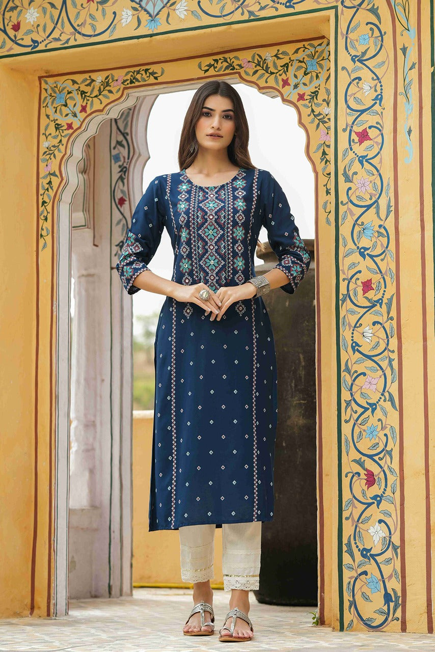 Juniper Blue Rayon Festive Printed Straight Kurta For Women