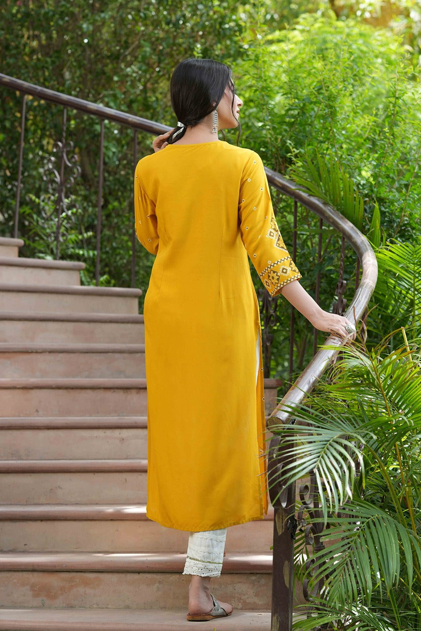 Juniper Mustard Rayon Festive Printed Straight Kurta For Women