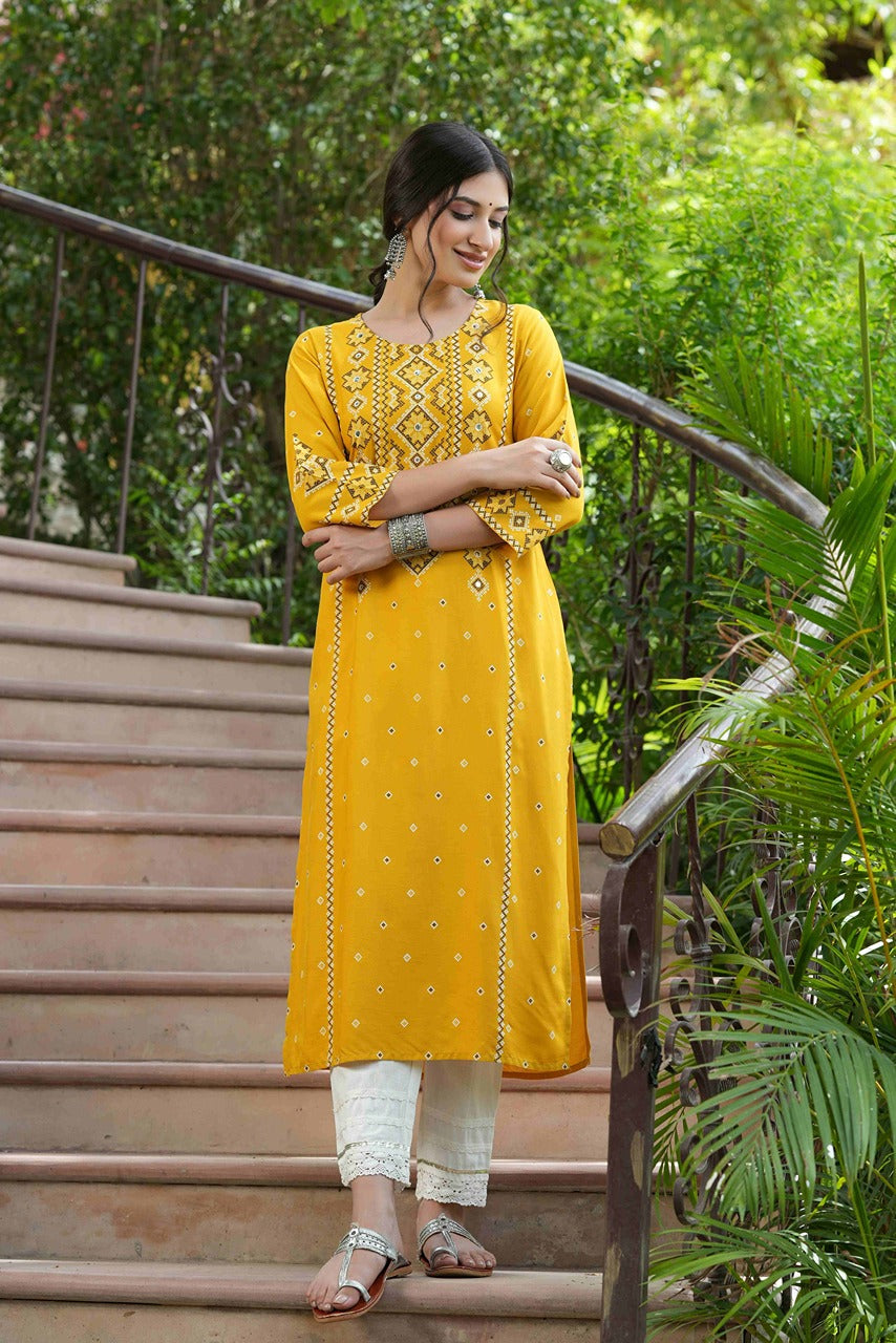 Juniper Mustard Rayon Festive Printed Straight Kurta For Women