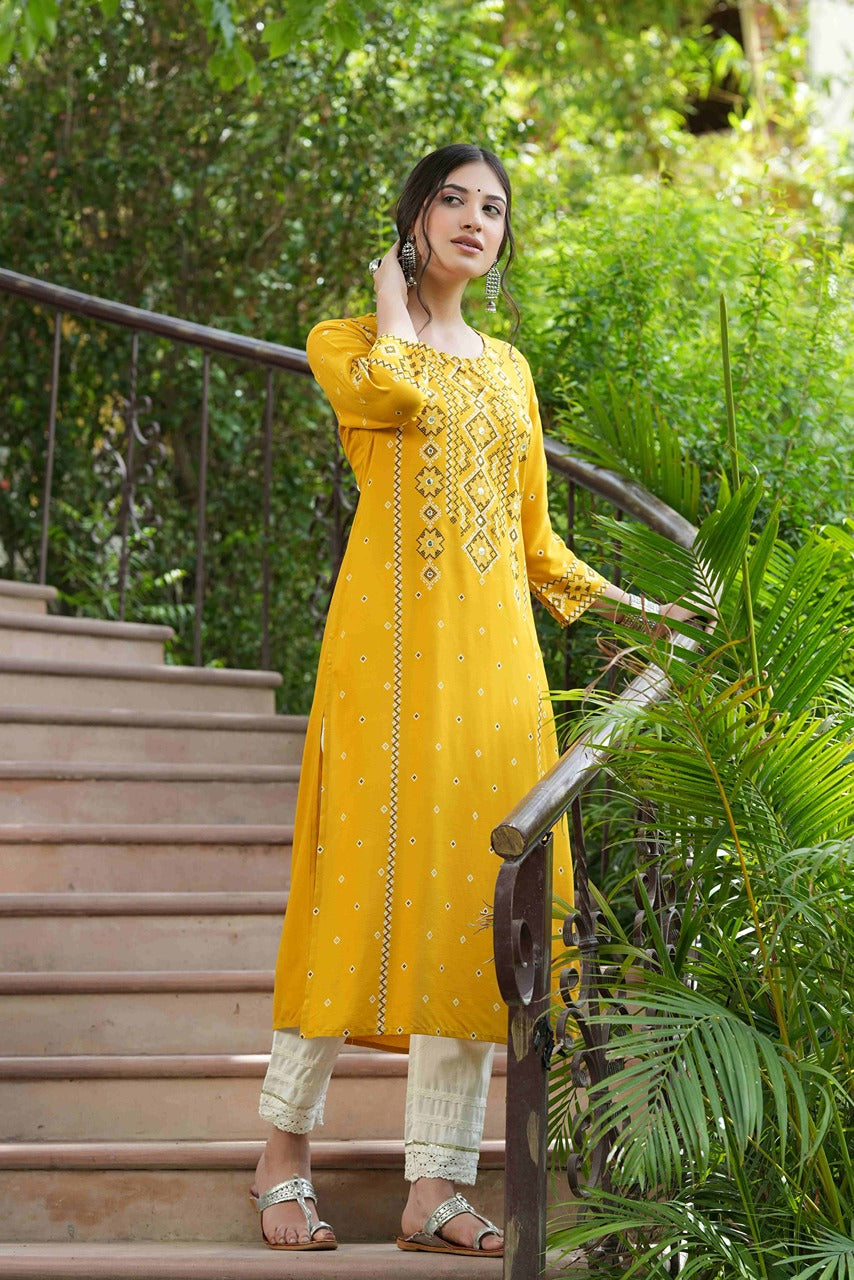 Juniper Mustard Rayon Festive Printed Straight Kurta For Women