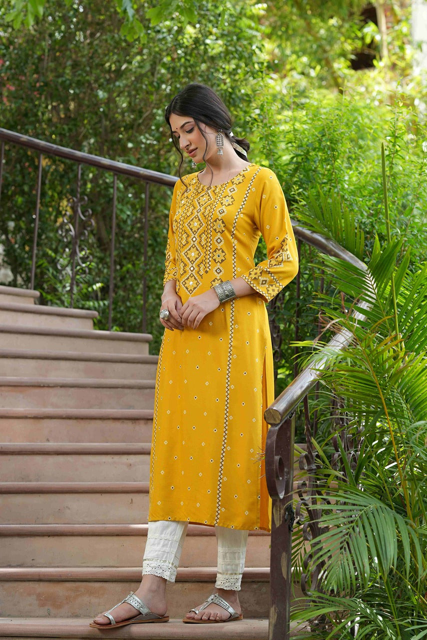 Juniper Mustard Rayon Festive Printed Straight Kurta For Women