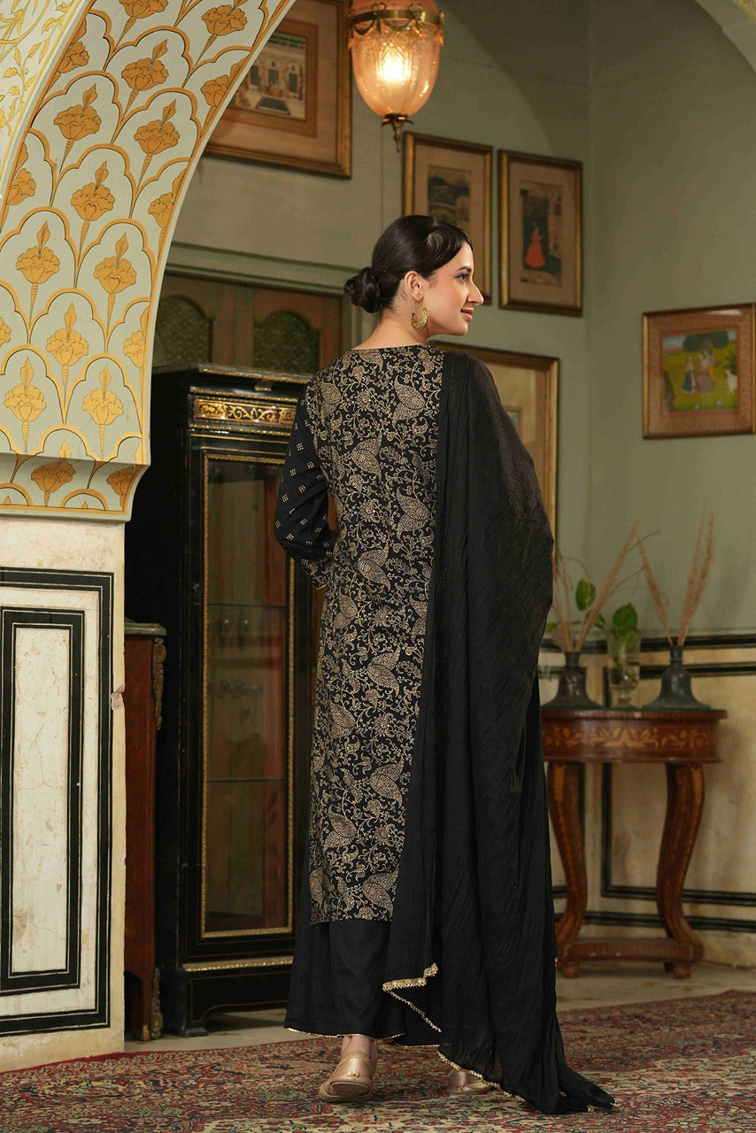 Juniper Black Rayon Festive Embroidered Straight Skd For Women