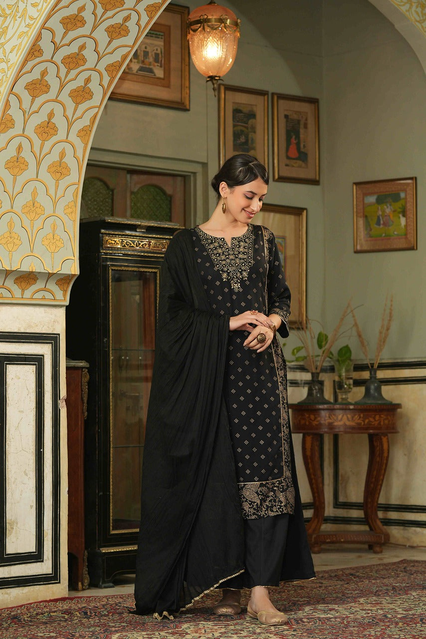 Juniper Black Rayon Festive Embroidered Straight Skd For Women