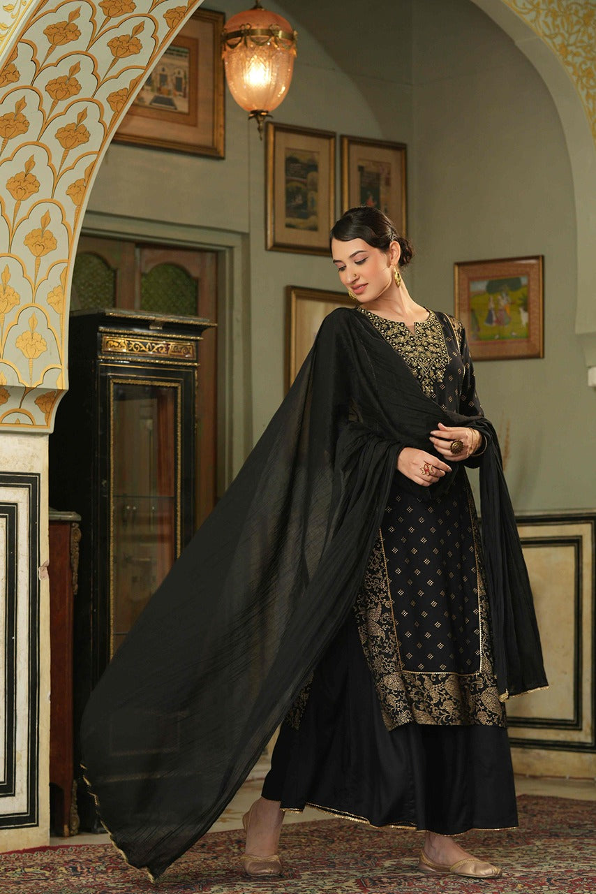 Juniper Black Rayon Festive Embroidered Straight Skd For Women
