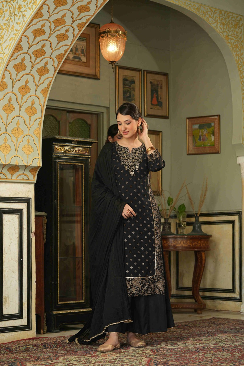 Juniper Black Rayon Festive Embroidered Straight Skd For Women