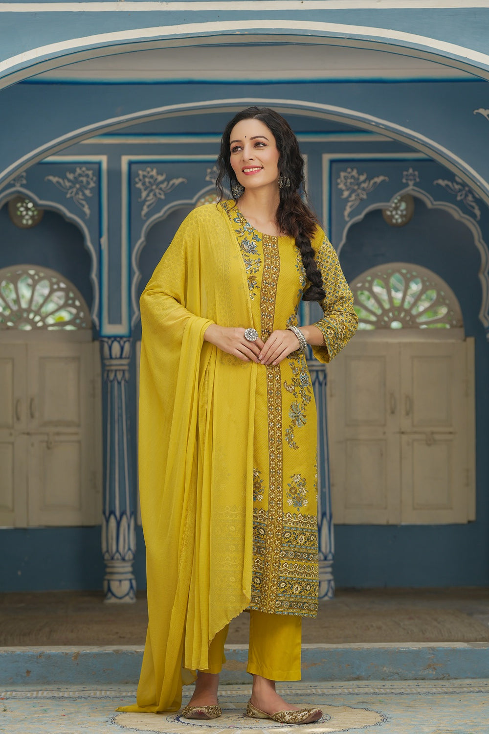 Juniper Mustard Rayon Festive Printed Straight Skd For Women