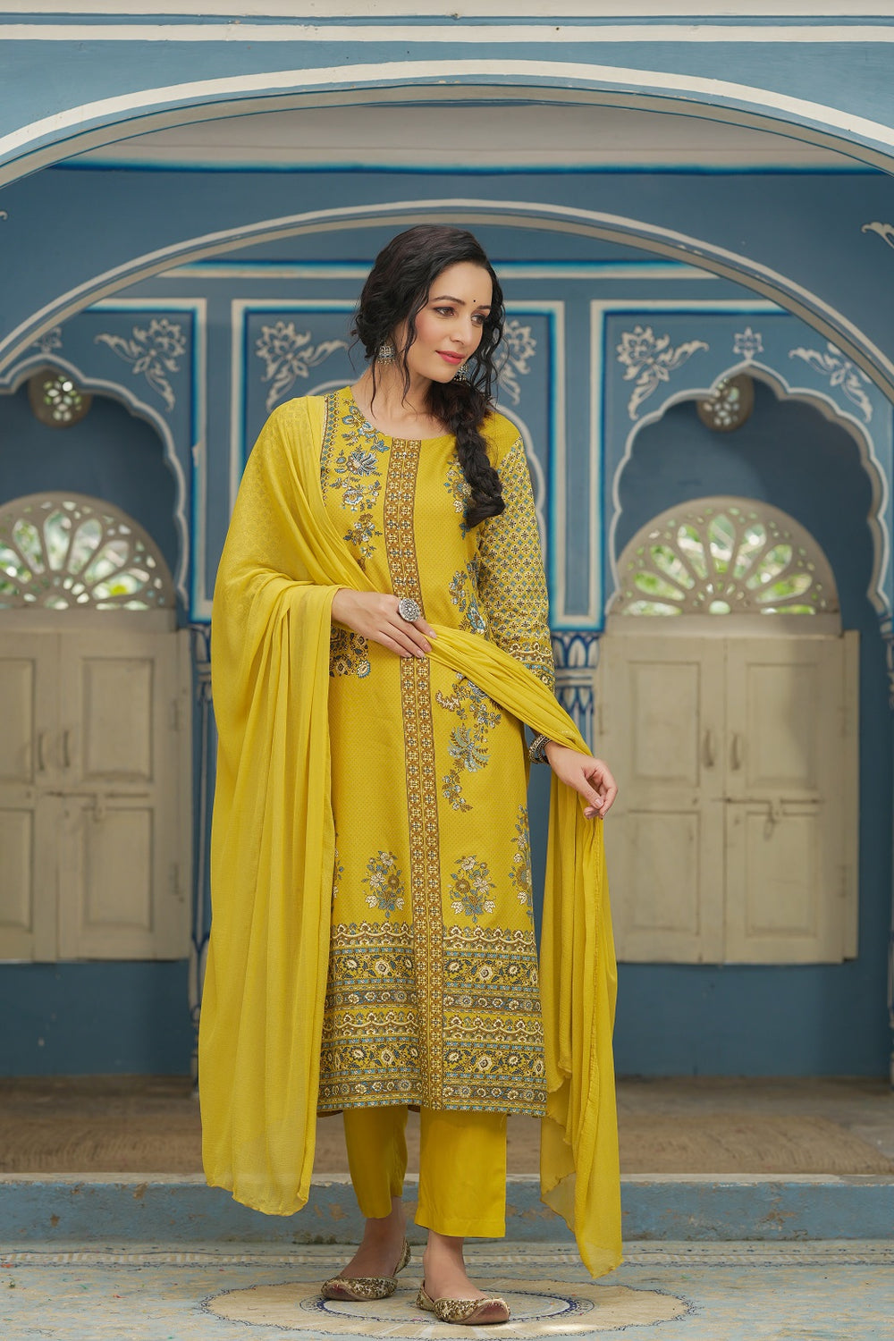 Juniper Mustard Rayon Festive Printed Straight Skd For Women