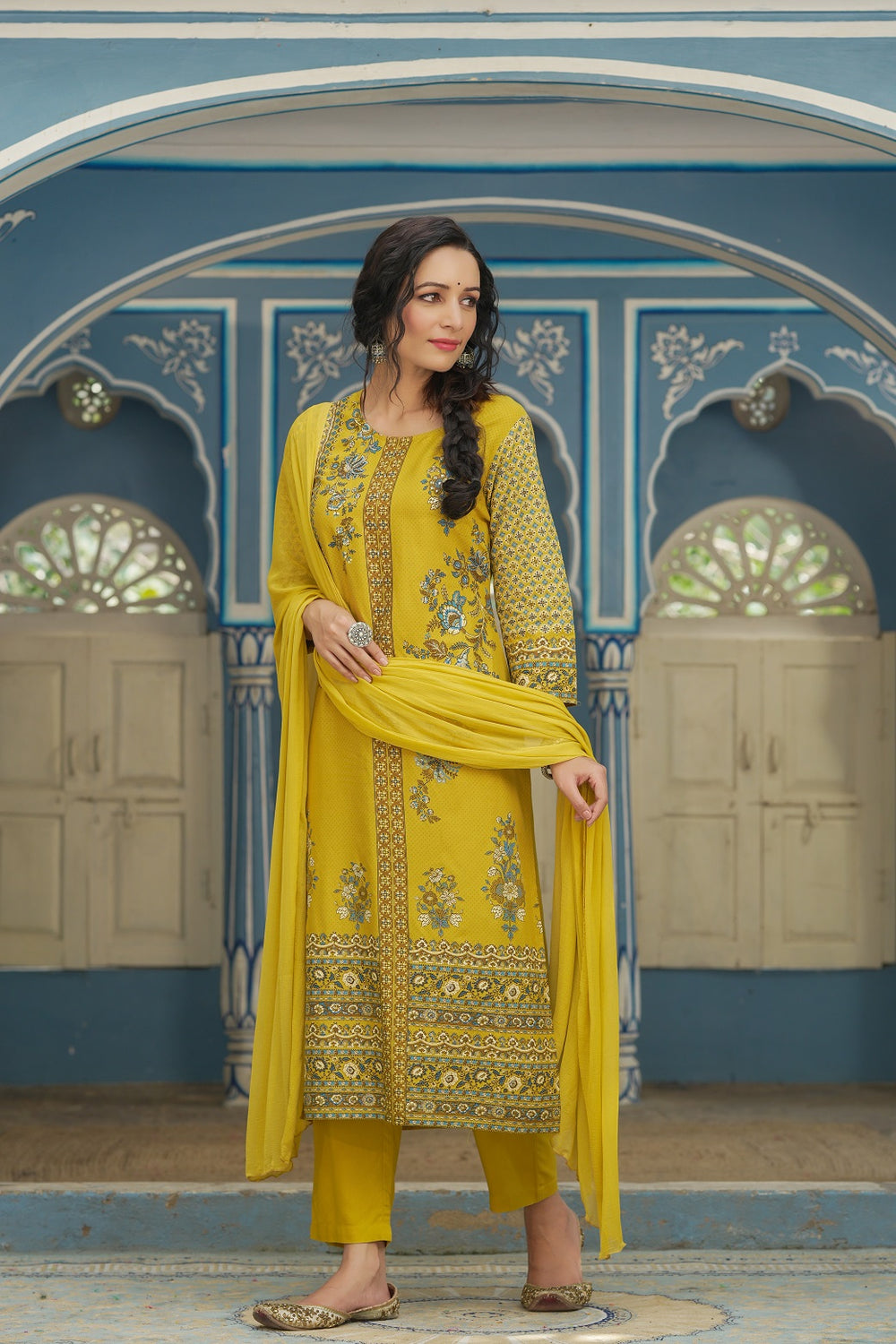 Juniper Mustard Rayon Festive Printed Straight Skd For Women