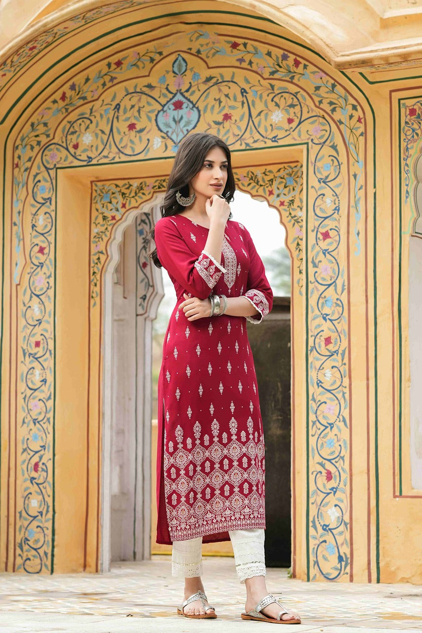 Juniper Maroon Rayon Festive Printed Straight Kurta For Women