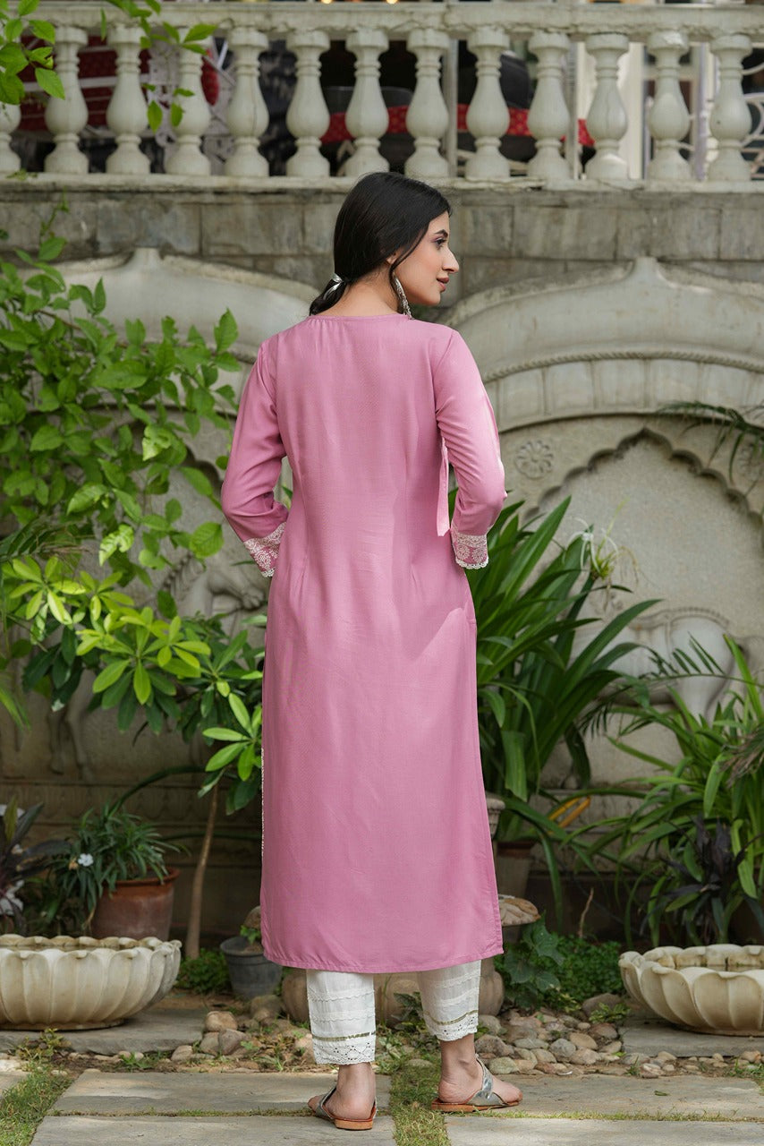 Juniper Onion Pink Rayon Festive Printed Straight Kurta For Women