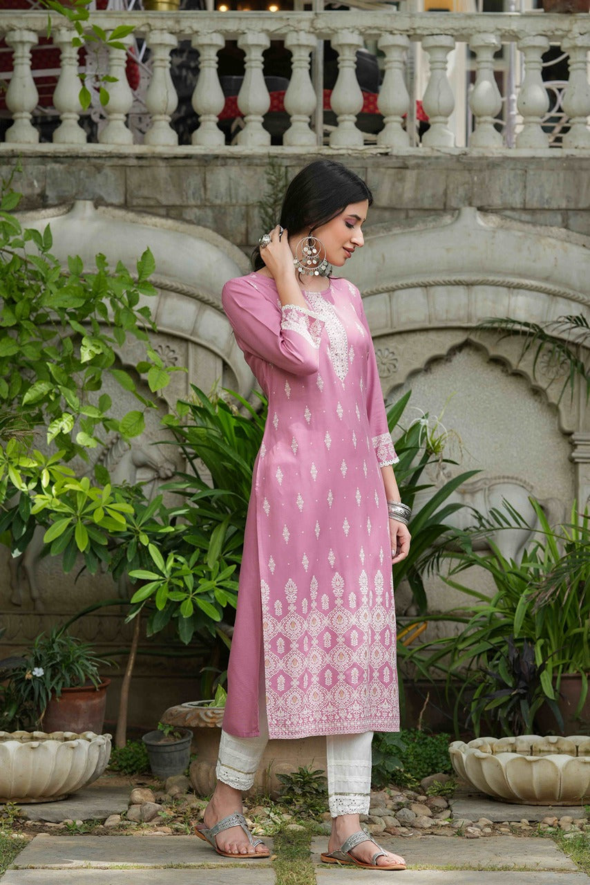 Juniper Onion Pink Rayon Festive Printed Straight Kurta For Women