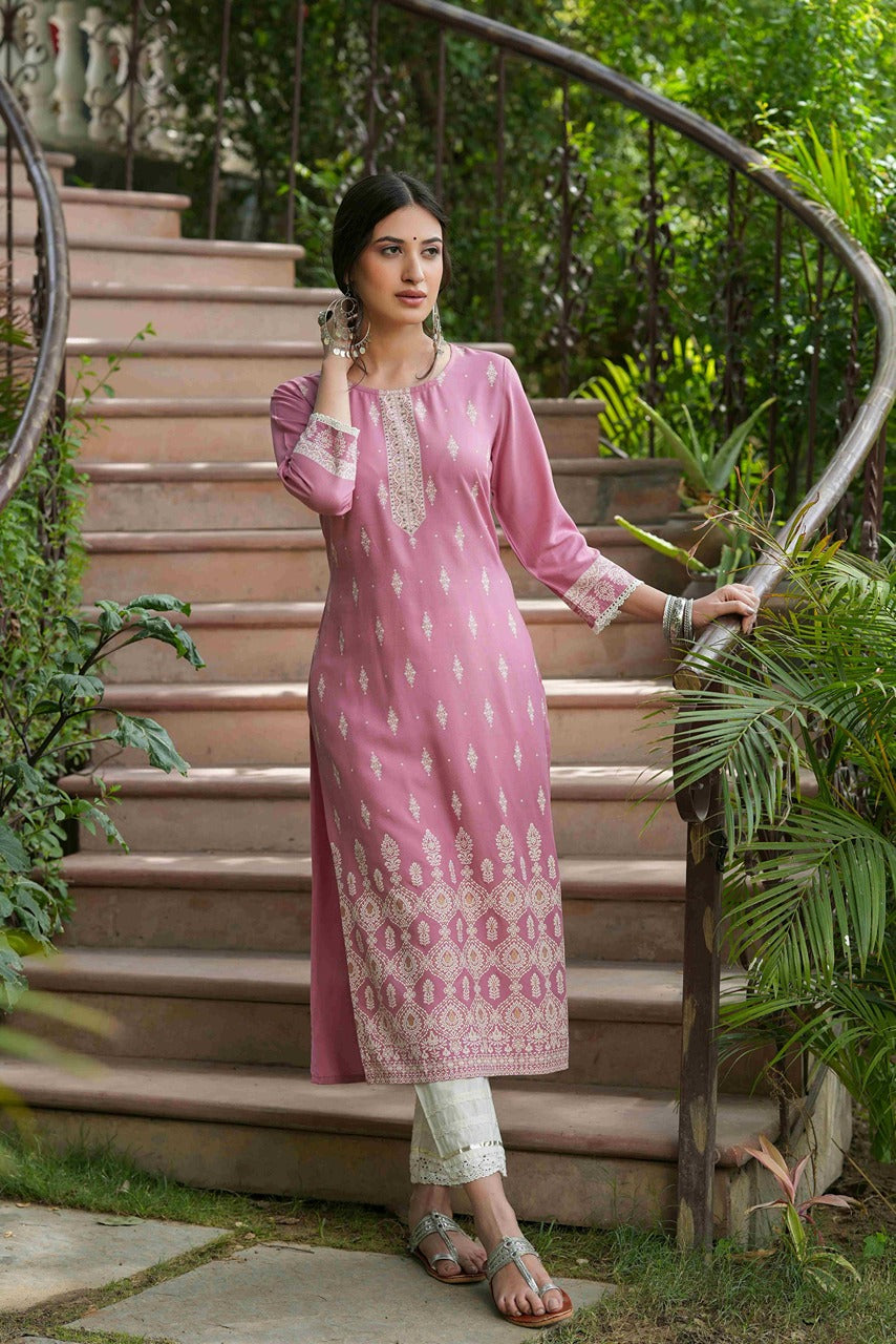 Juniper Onion Pink Rayon Festive Printed Straight Kurta For Women