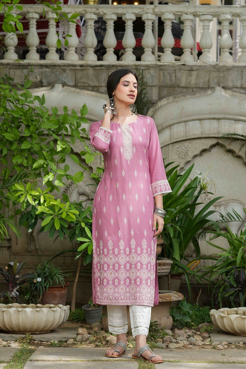 Juniper Onion Pink Rayon Festive Printed Straight Kurta For Women