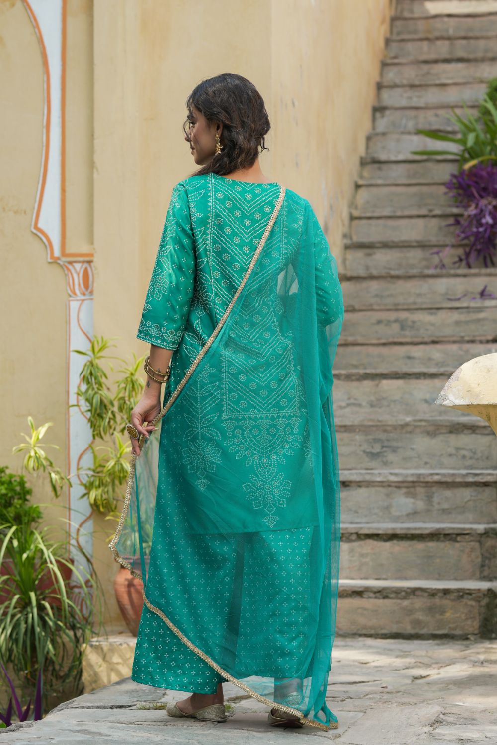 Juniper Womens Teal Shantoon Slub Bandhani Printed Kurta Palazzo Dupatta Set