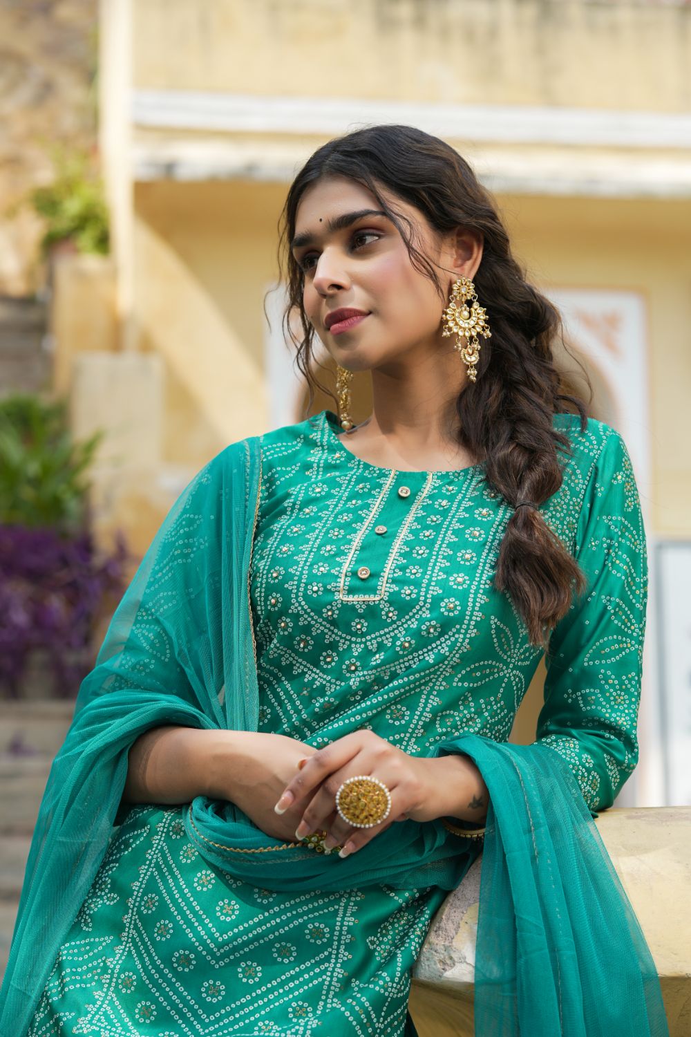Juniper Womens Teal Shantoon Slub Bandhani Printed Kurta Palazzo Dupatta Set