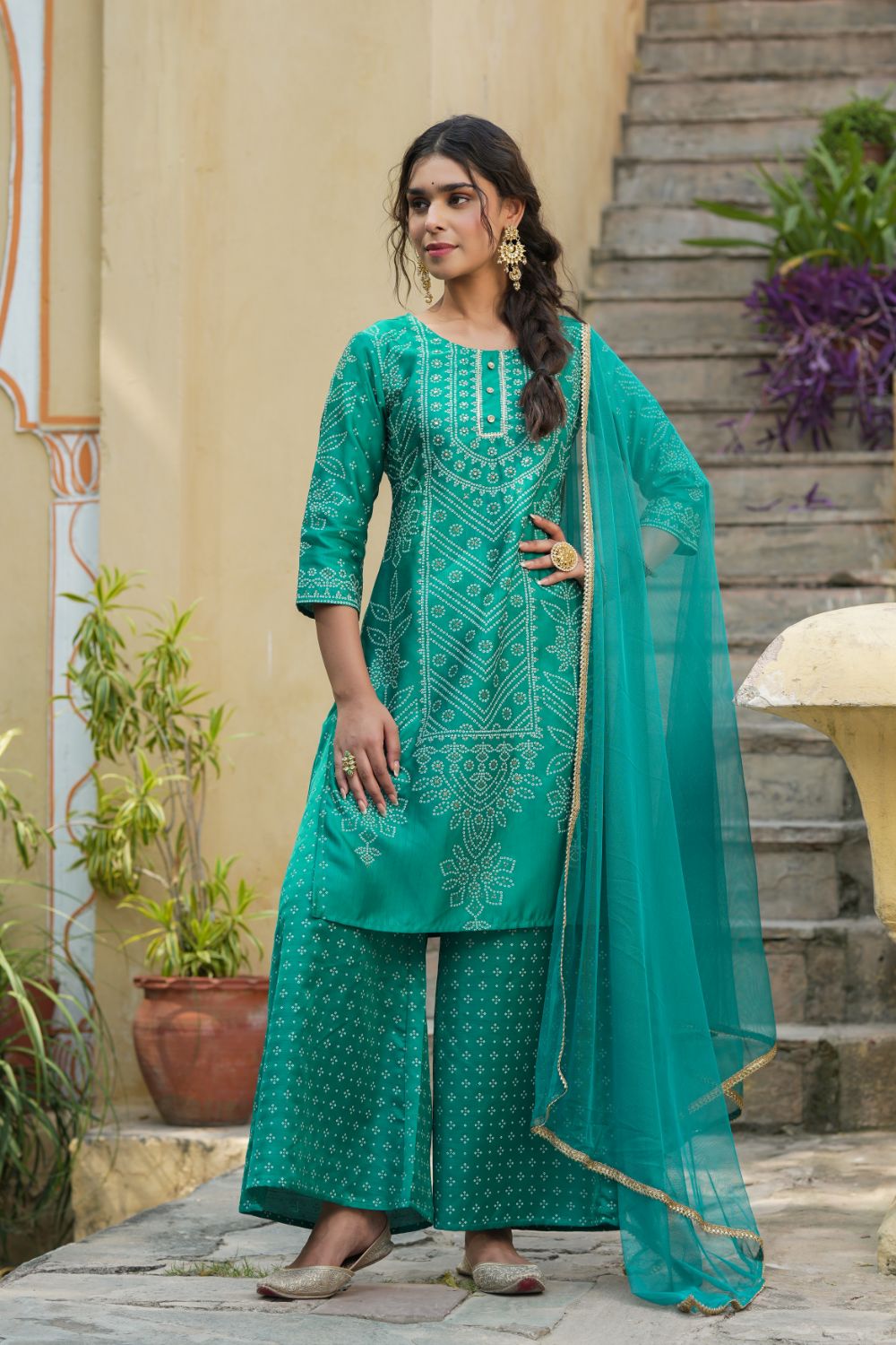 Juniper Womens Teal Shantoon Slub Bandhani Printed Kurta Palazzo Dupatta Set