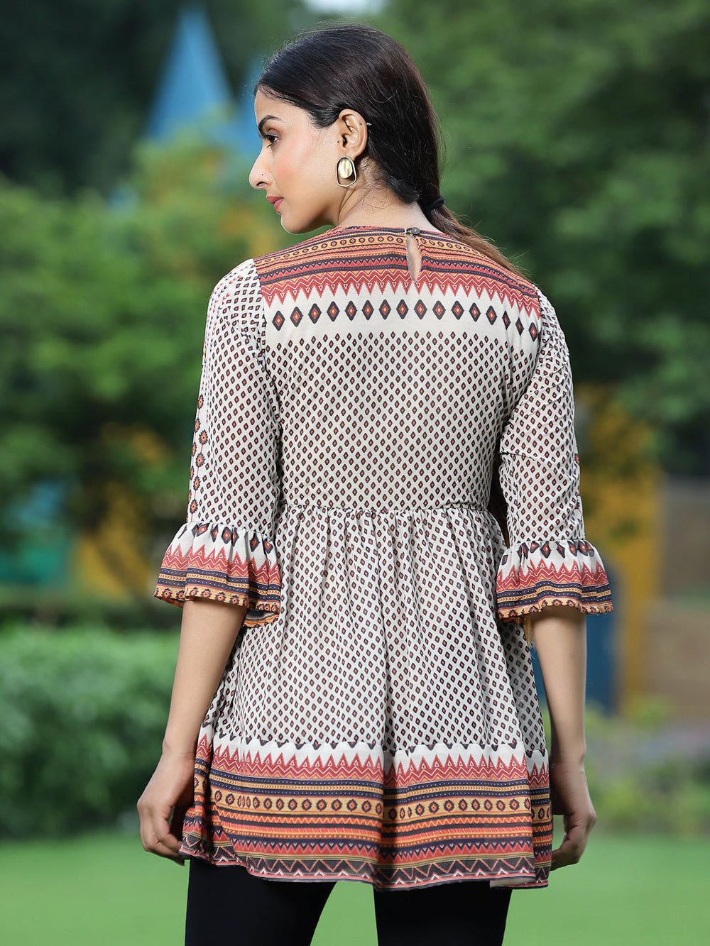 Juniper Off - White Georgette Festive Printed Flared Tunic For Women
