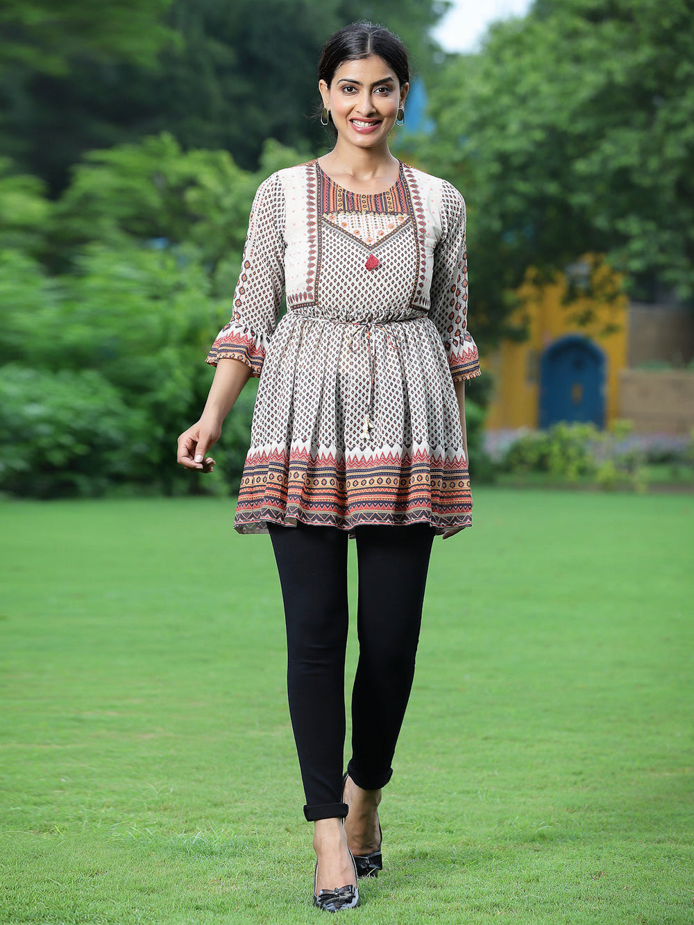 Juniper Off - White Georgette Festive Printed Flared Tunic For Women