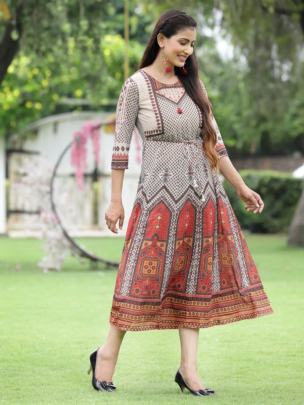 Juniper Off-White Georgette Festive Wear Printed Flared Dress