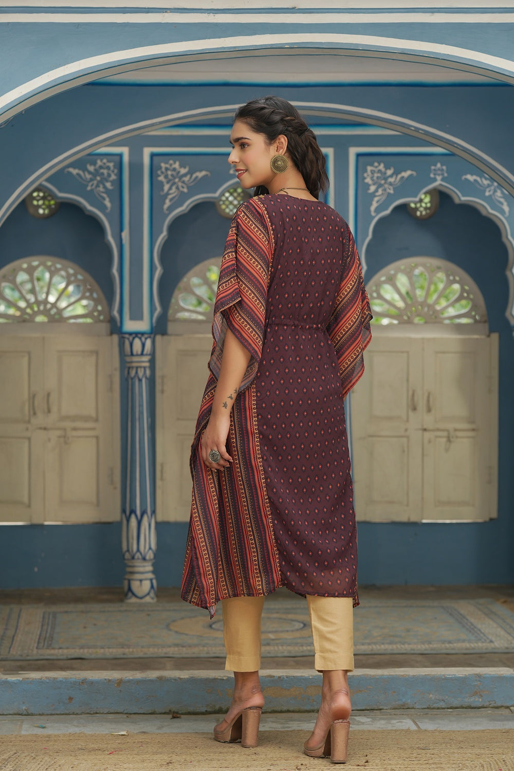 Juniper Brown Georgette Festive Printed Straight Kaftan For Women