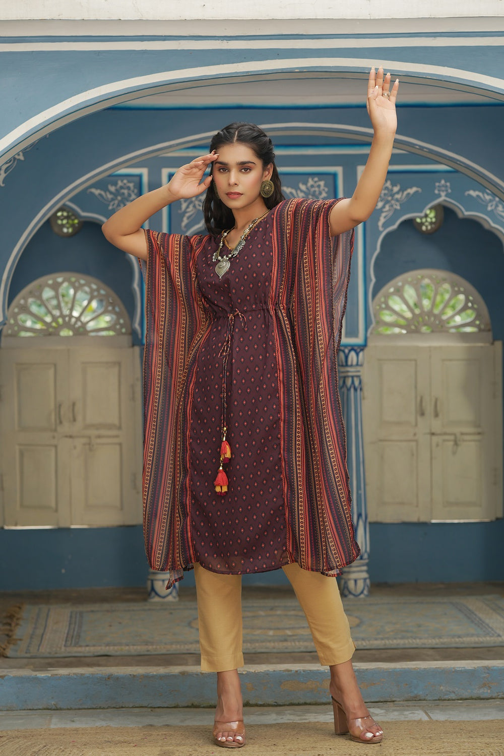 Juniper Brown Georgette Festive Printed Straight Kaftan For Women
