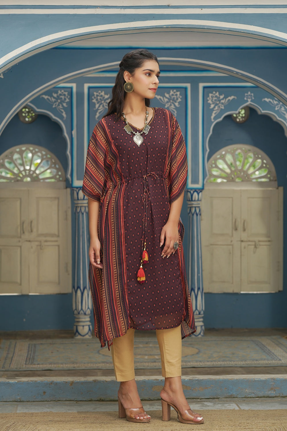 Juniper Brown Georgette Festive Printed Straight Kaftan For Women