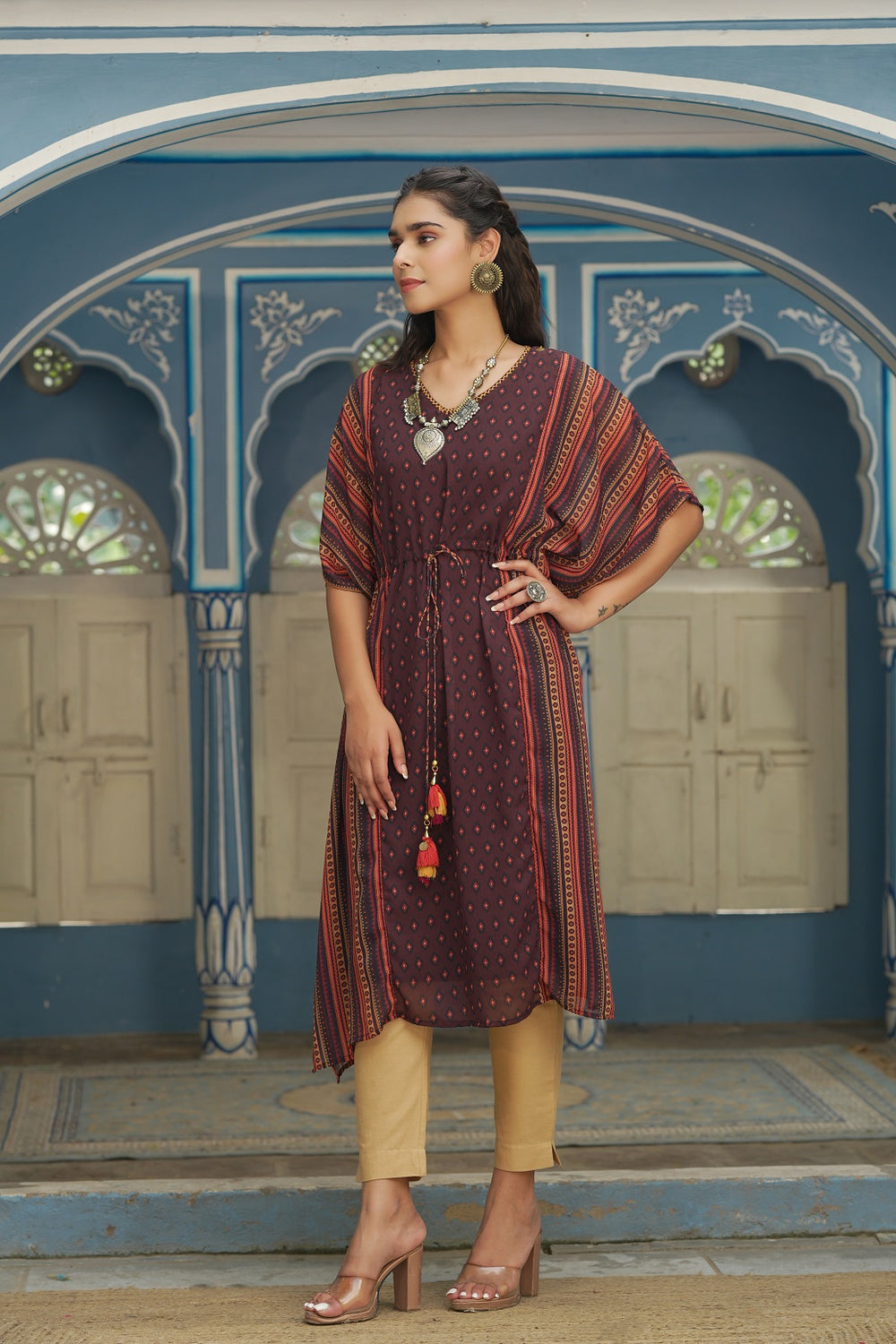 Juniper Brown Georgette Festive Printed Straight Kaftan For Women