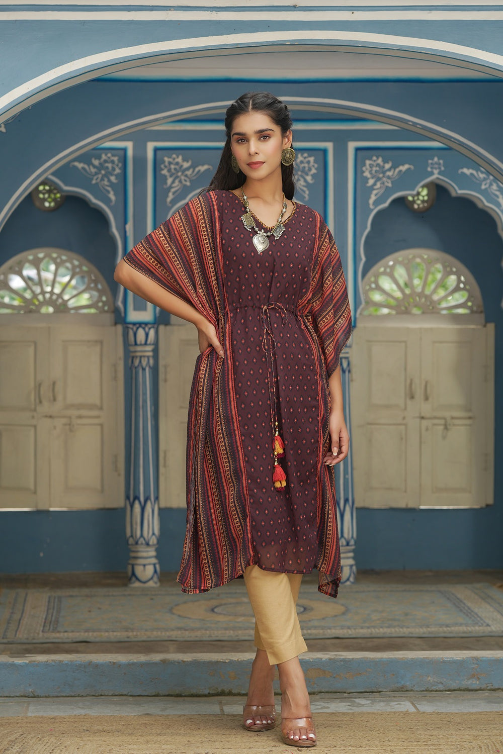 Juniper Brown Georgette Festive Printed Straight Kaftan For Women