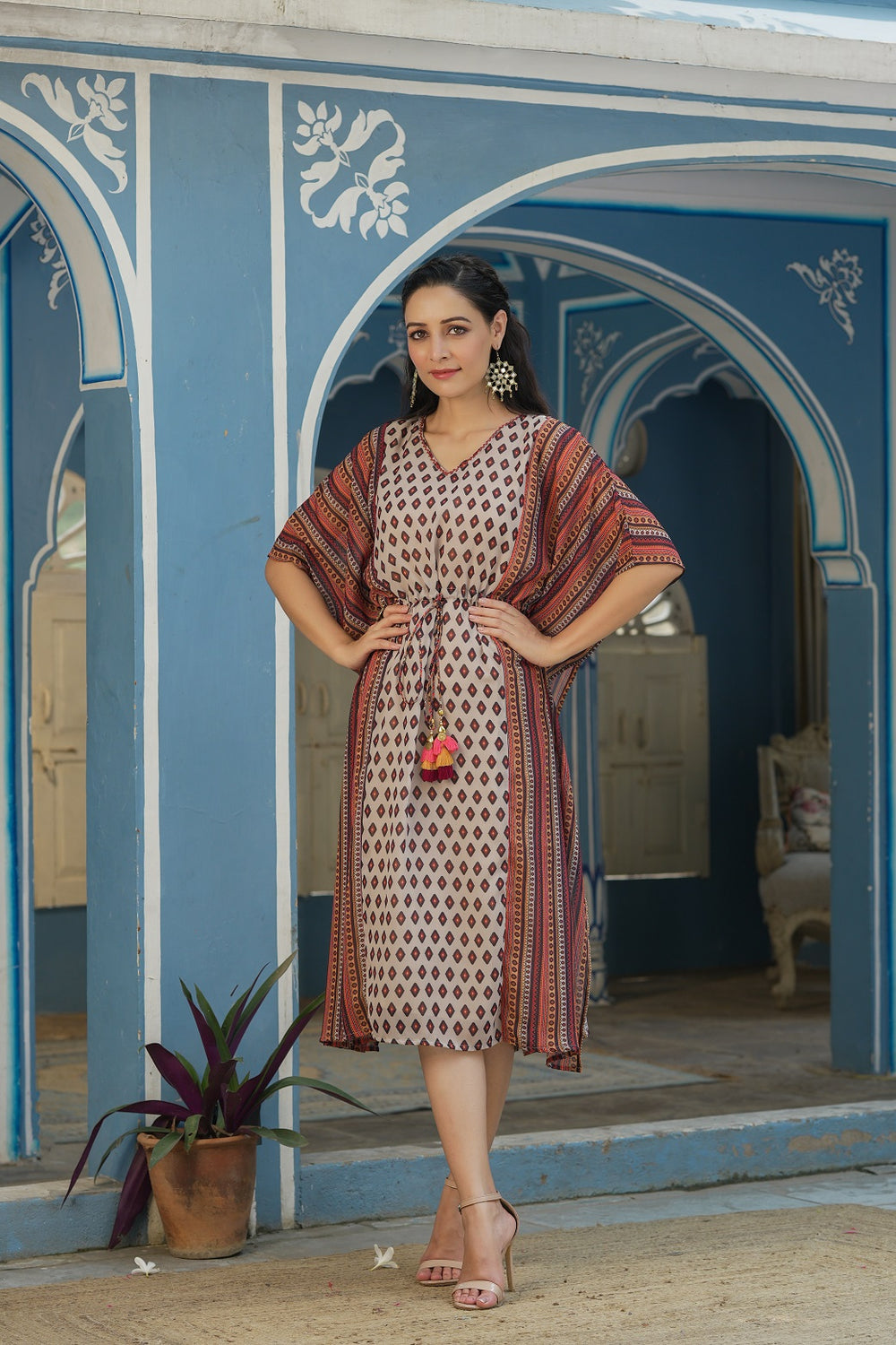 Juniper Cream Georgette Festive Printed Straight Kaftan For Women