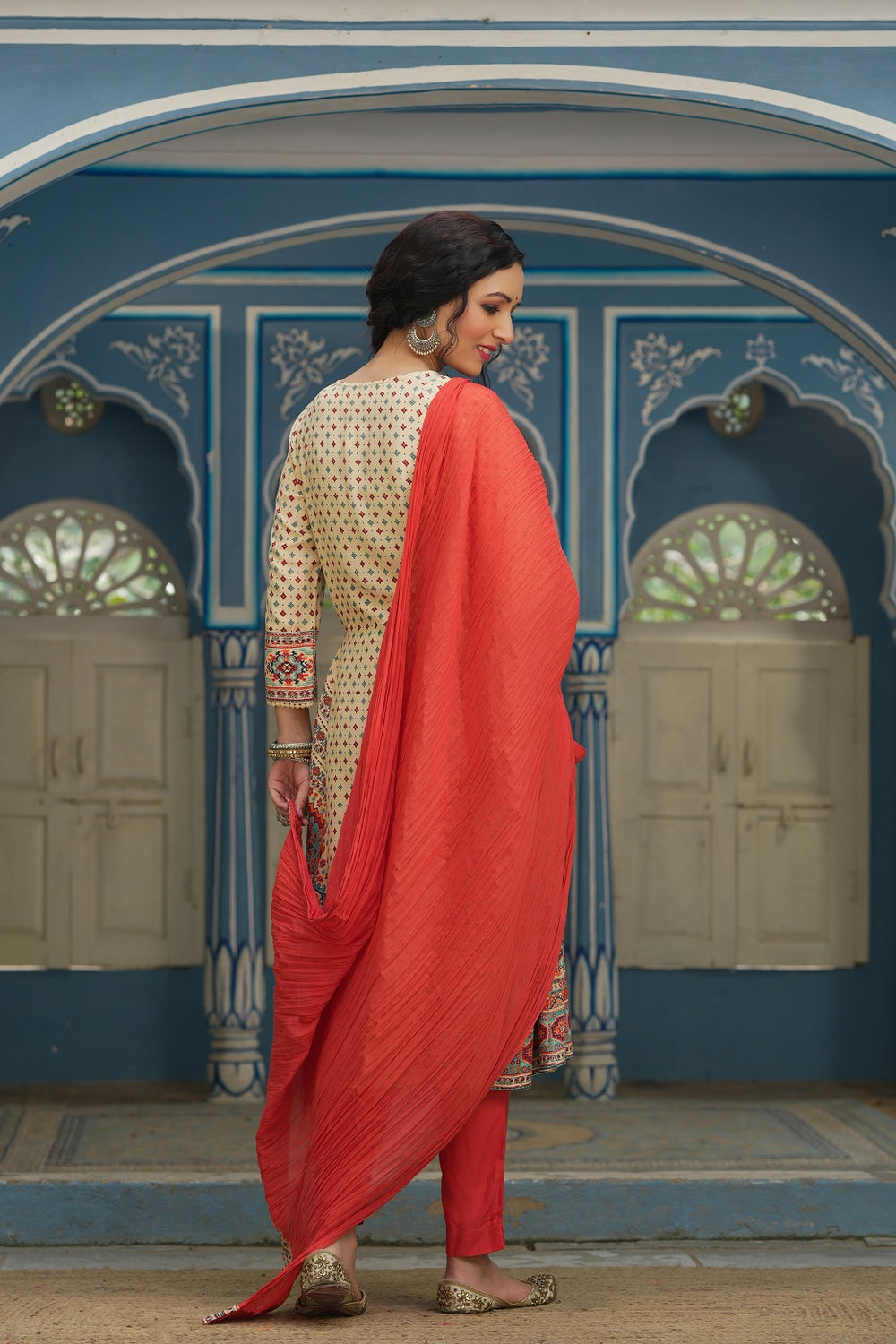 Juniper Off - White Rayon Festive Printed A-Line Skd For Women