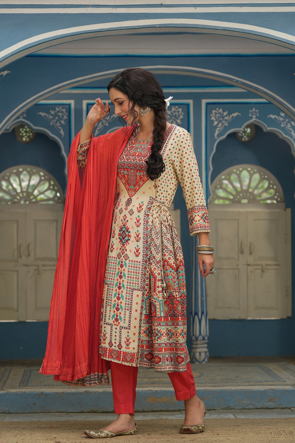 Juniper Off - White Rayon Festive Printed A-Line Skd For Women