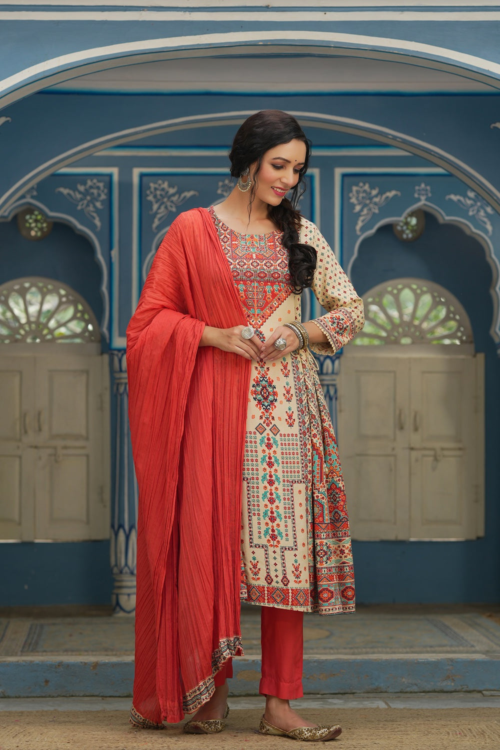 Juniper Off - White Rayon Festive Printed A-Line Skd For Women