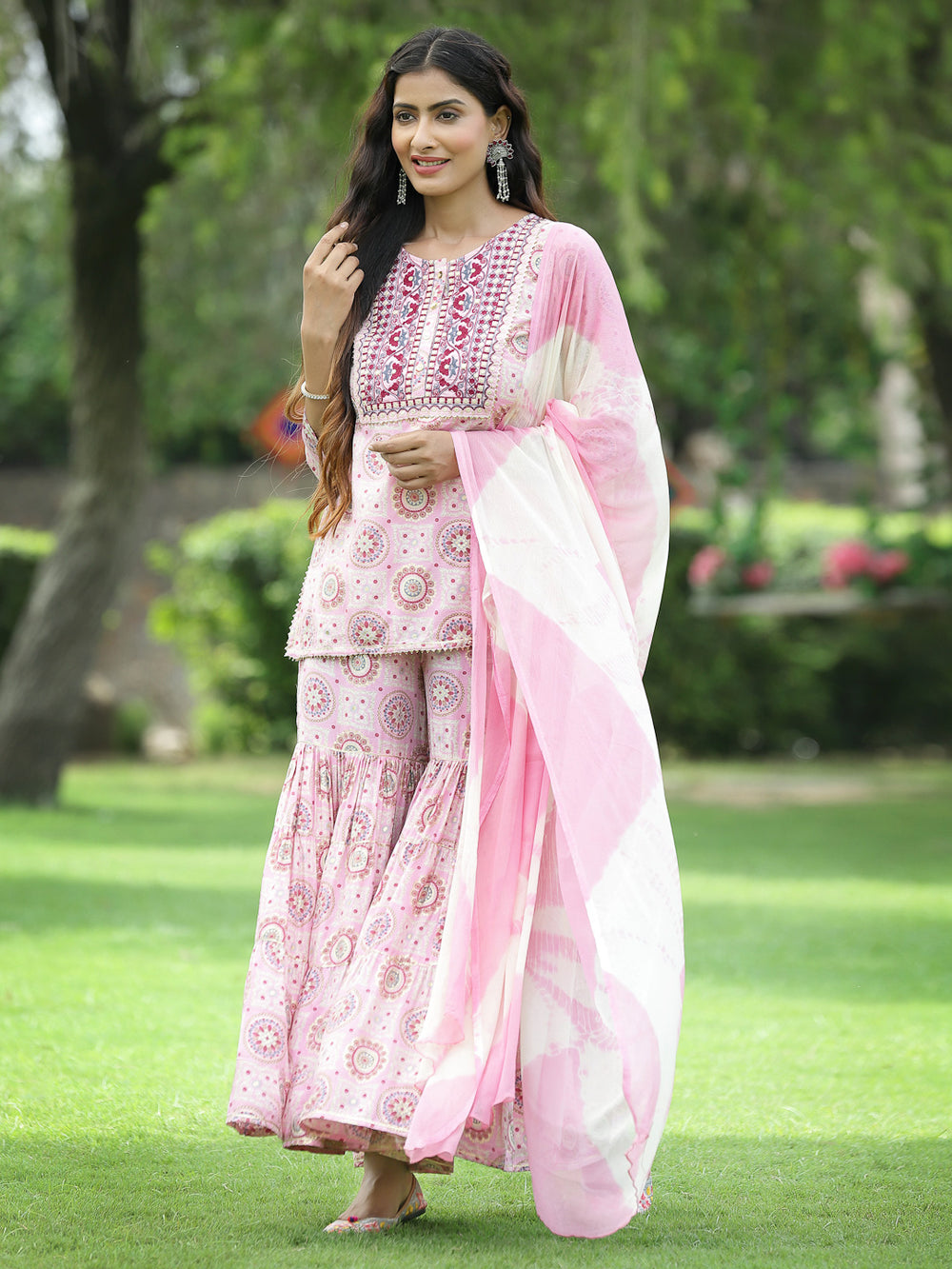 Juniper Pink Muslin Festive Wear Mirror Work Straight Kurta Sharara Dupatta Set