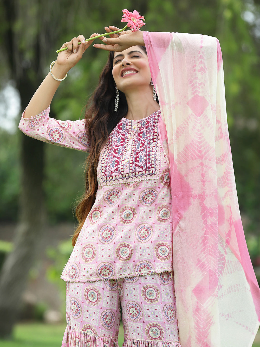 Juniper Pink Muslin Festive Wear Mirror Work Straight Kurta Sharara Dupatta Set