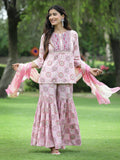 Juniper Pink Muslin Festive Wear Mirror Work Straight Kurta Sharara Dupatta Set