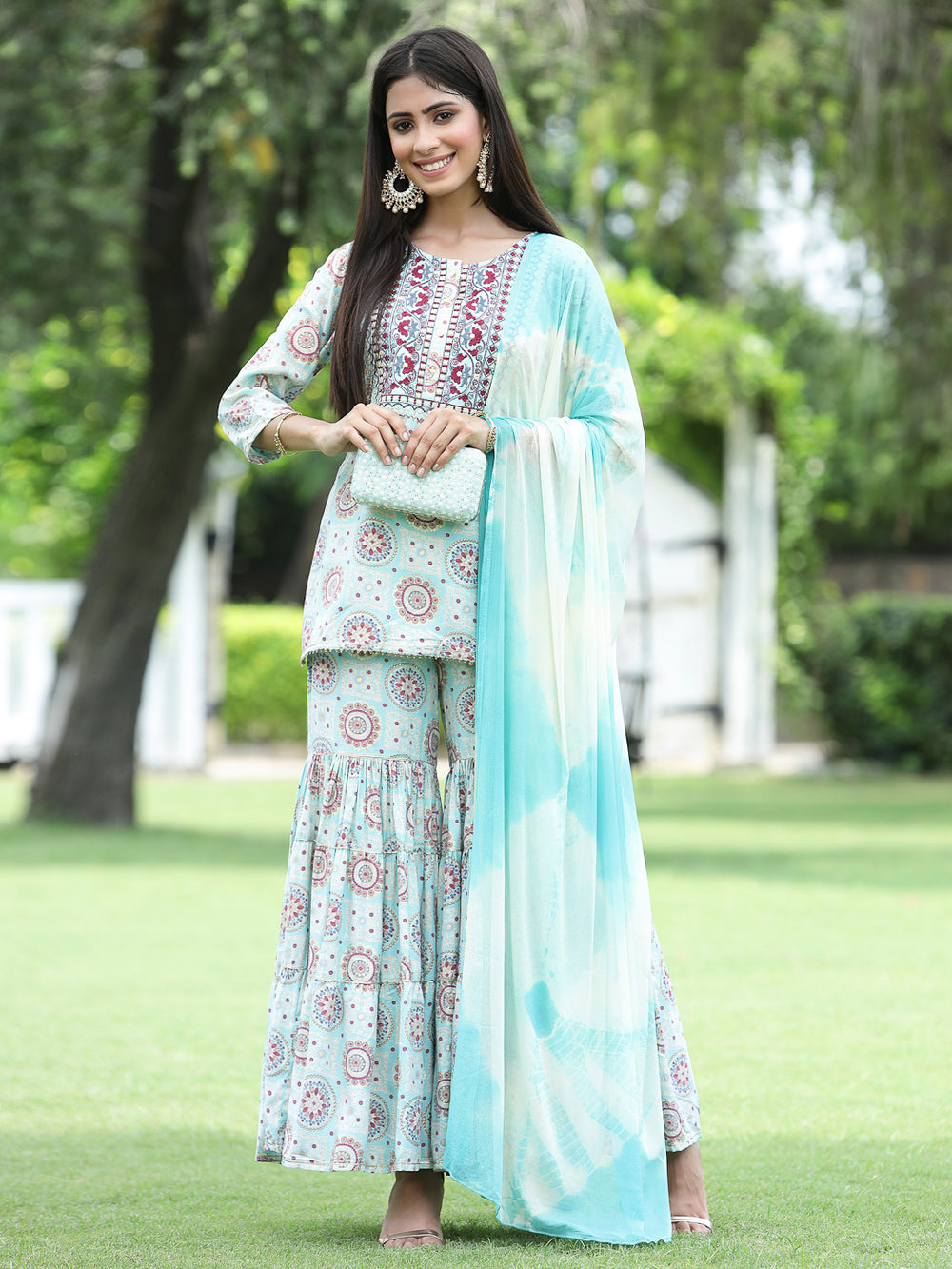 Juniper Skyblue Muslin Festive Wear Mirror Work Straight Kurta Sharara Dupatta Set