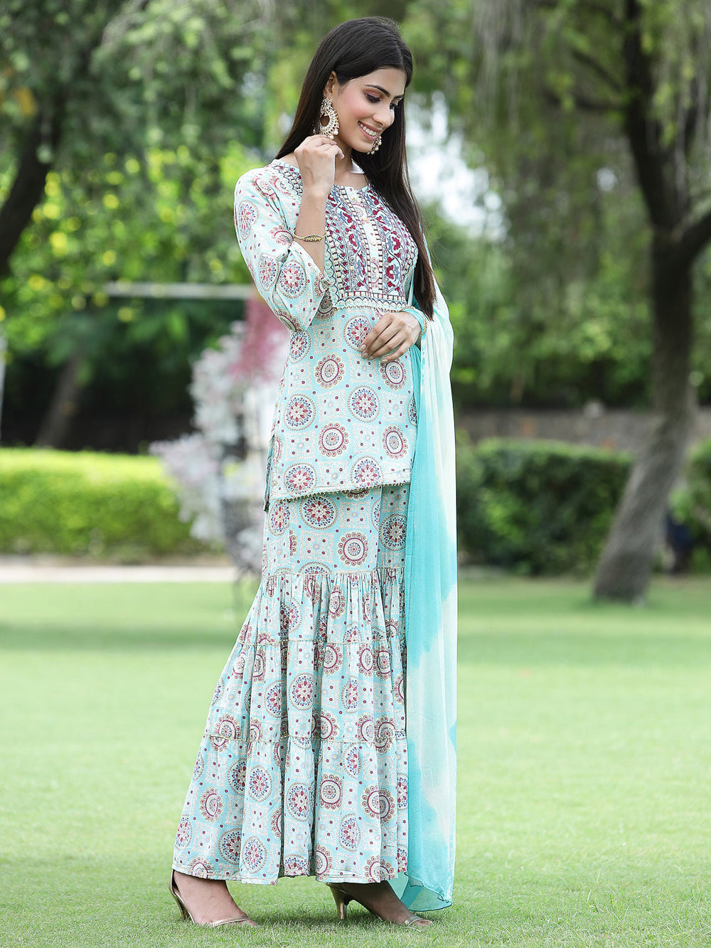 Juniper Skyblue Muslin Festive Wear Mirror Work Straight Kurta Sharara Dupatta Set