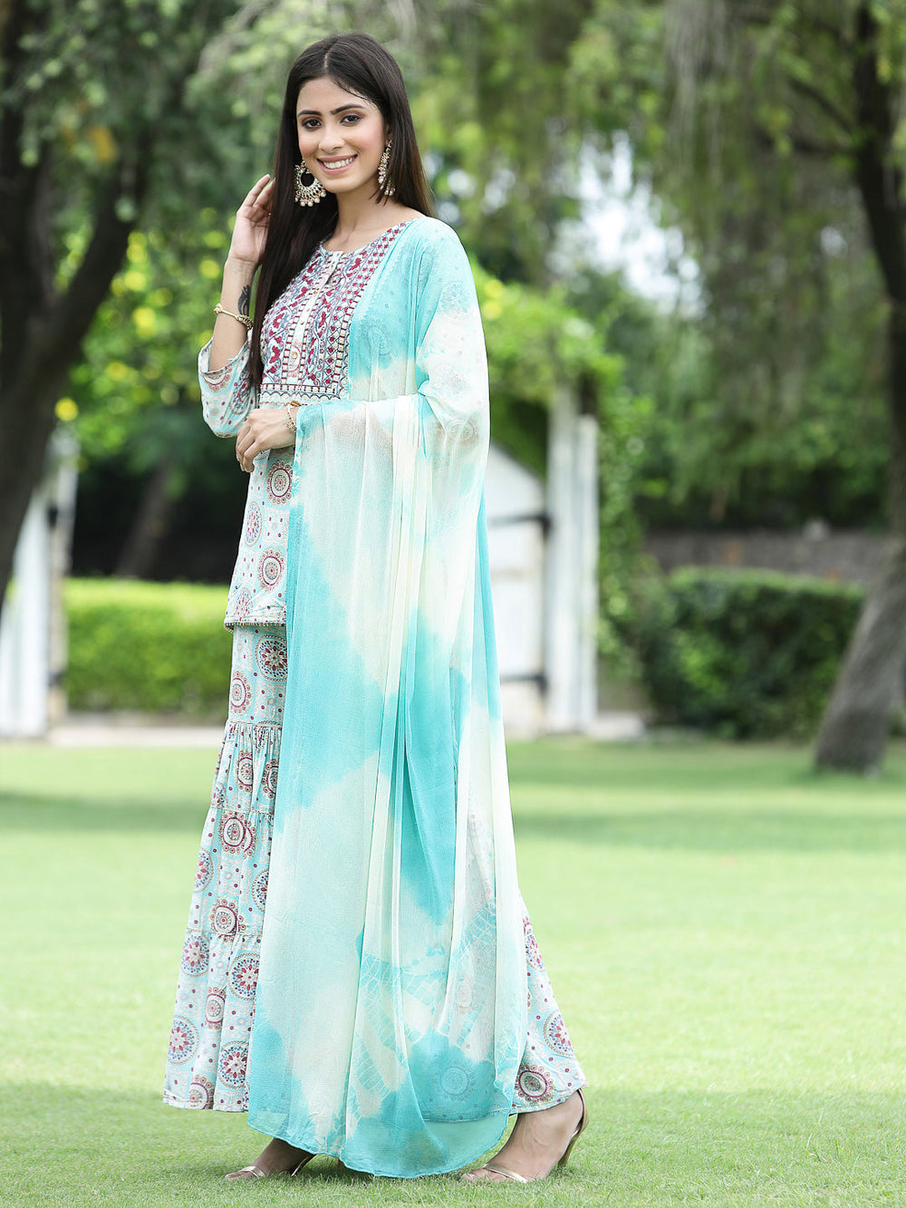 Juniper Skyblue Muslin Festive Wear Mirror Work Straight Kurta Sharara Dupatta Set