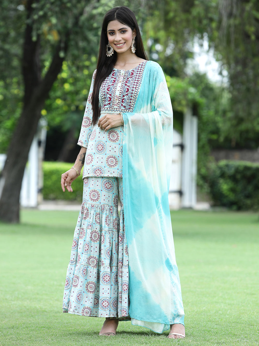 Juniper Skyblue Muslin Festive Wear Mirror Work Straight Kurta Sharara Dupatta Set